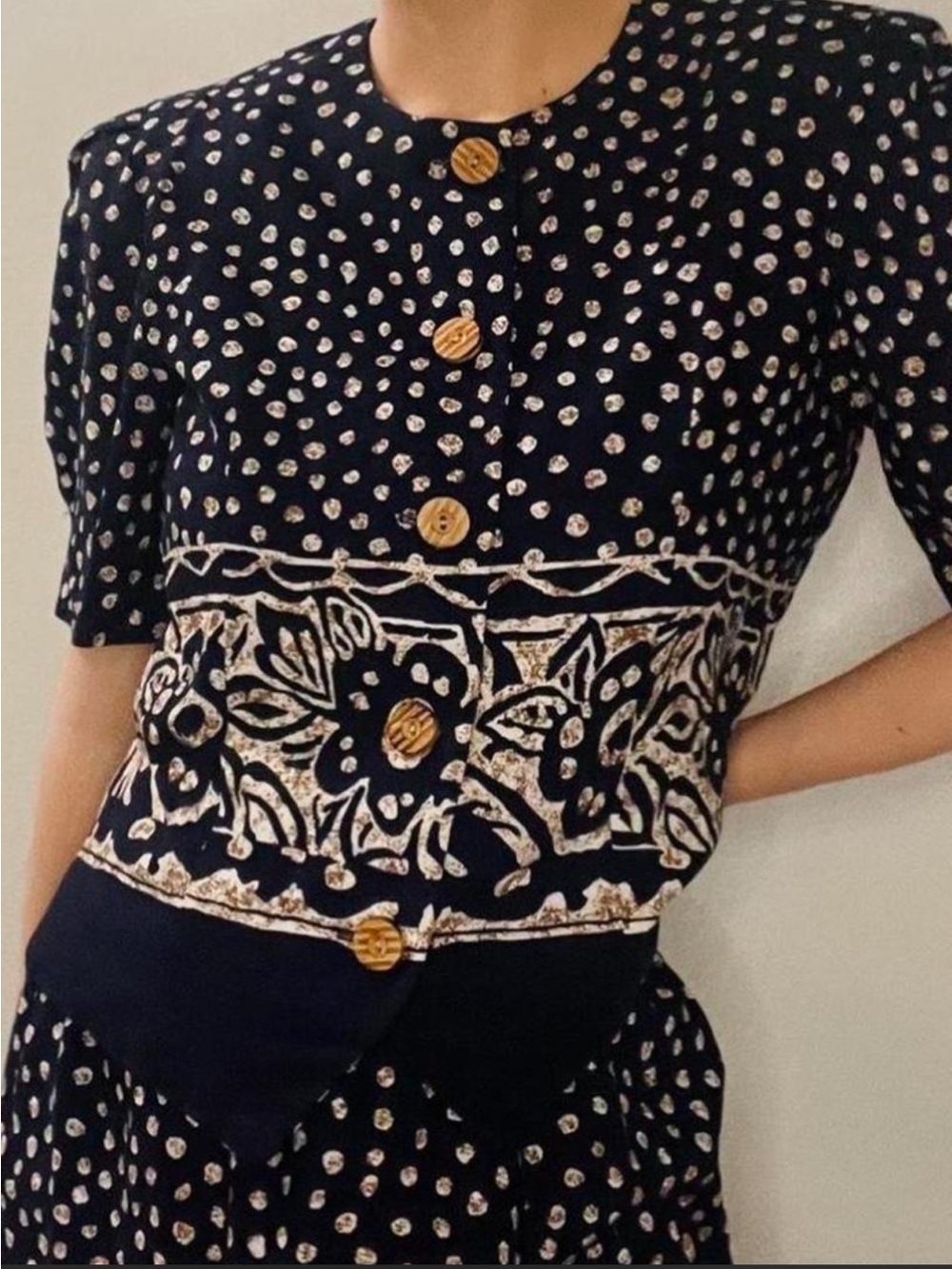 Maren 90s navy and brown tropical print top and skirt set with wooden buttons